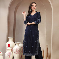 Women Blue Polyester Kurta Palazzo & Dupatta Set
