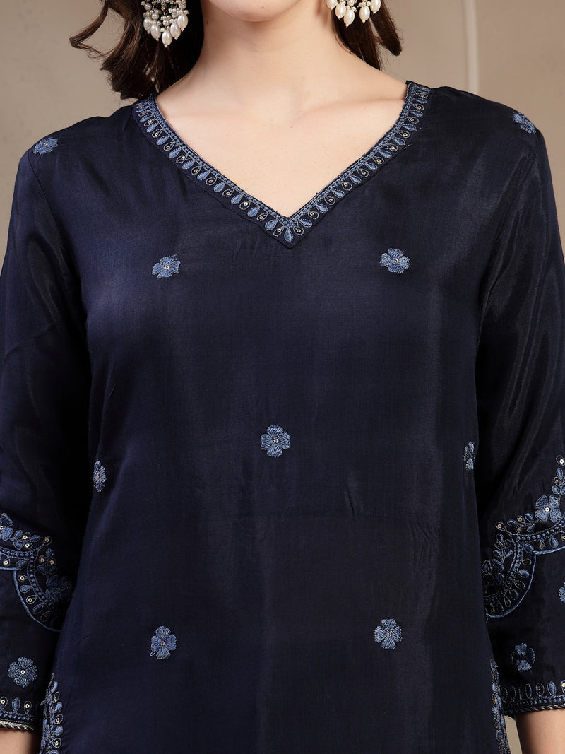 Women Blue Polyester Kurta Palazzo & Dupatta Set