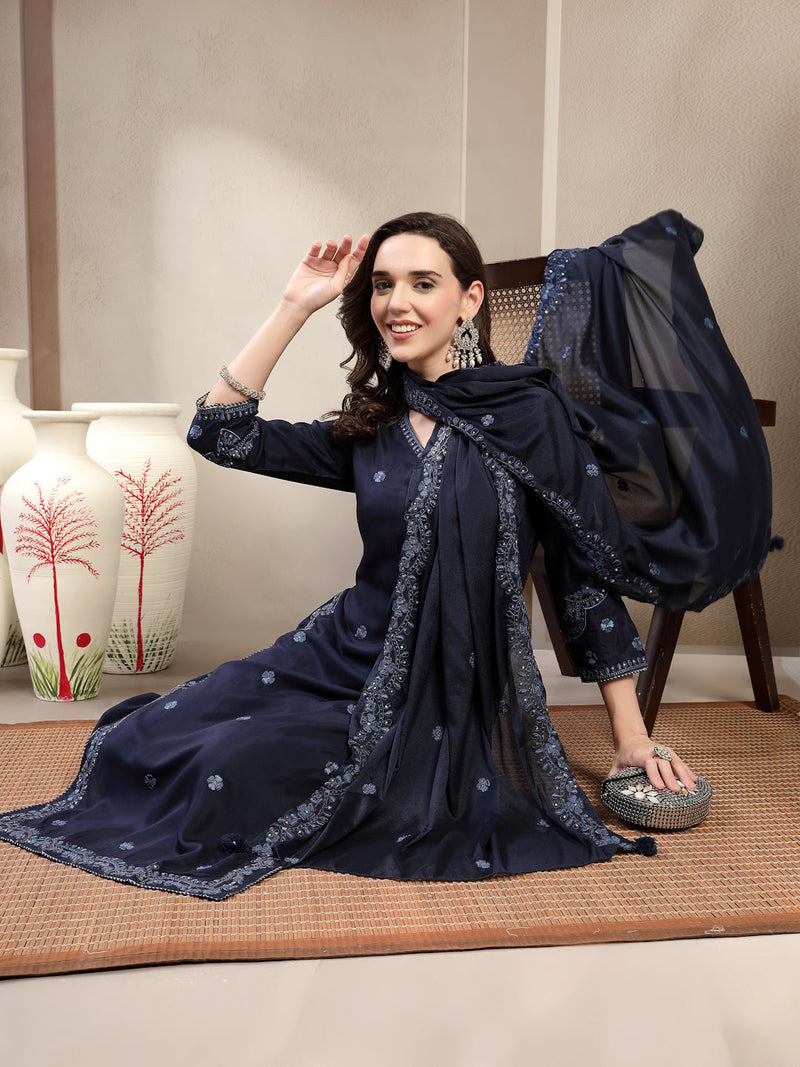 Women Blue Polyester Kurta Palazzo & Dupatta Set