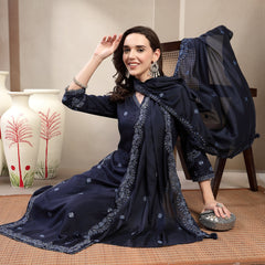 Women Blue Polyester Kurta Palazzo & Dupatta Set