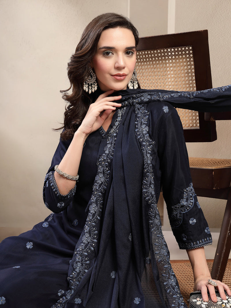 Women Blue Polyester Kurta Palazzo & Dupatta Set