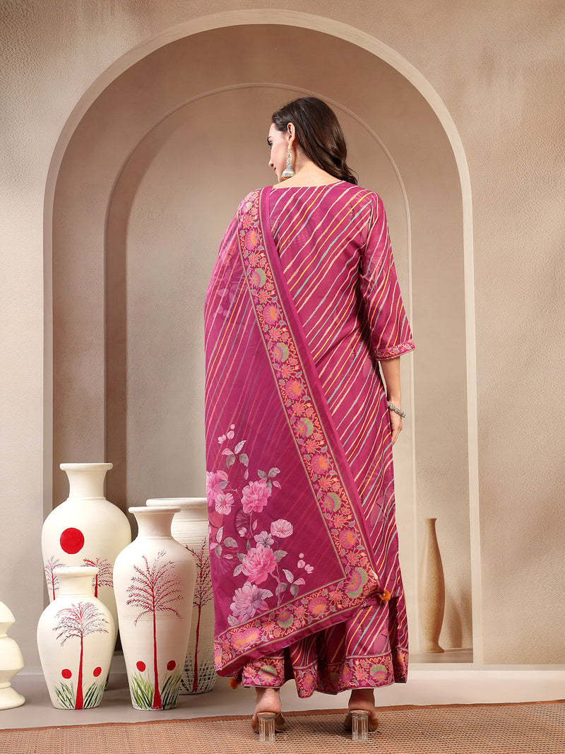 Elegant Purple Lehriya Printed Kurta Palazzo & Dupatta Set