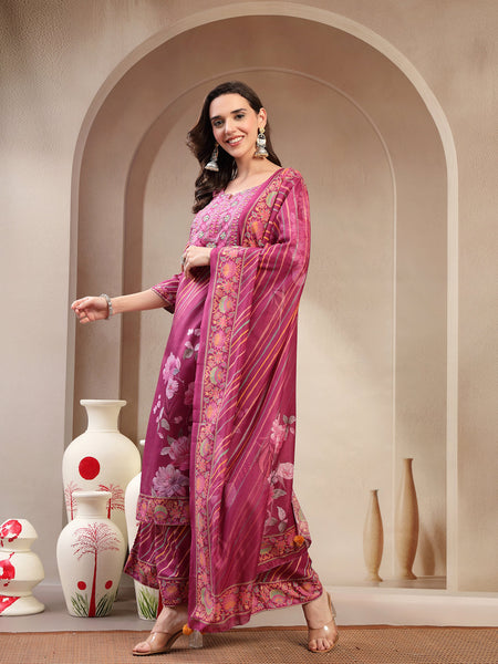 Elegant Purple Lehriya Printed Kurta Palazzo & Dupatta Set