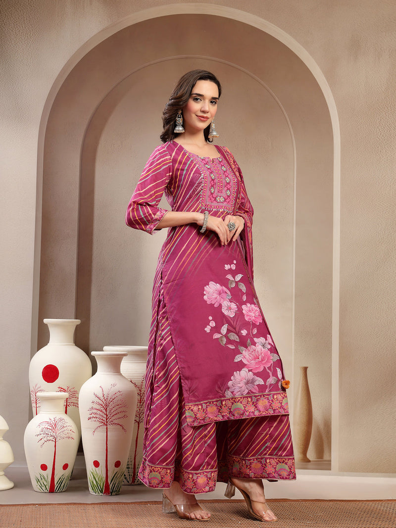 Elegant Purple Lehriya Printed Kurta Palazzo & Dupatta Set