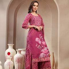 Elegant Purple Lehriya Printed Kurta Palazzo & Dupatta Set