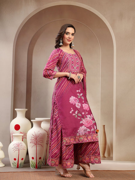 Elegant Purple Lehriya Printed Kurta Palazzo & Dupatta Set