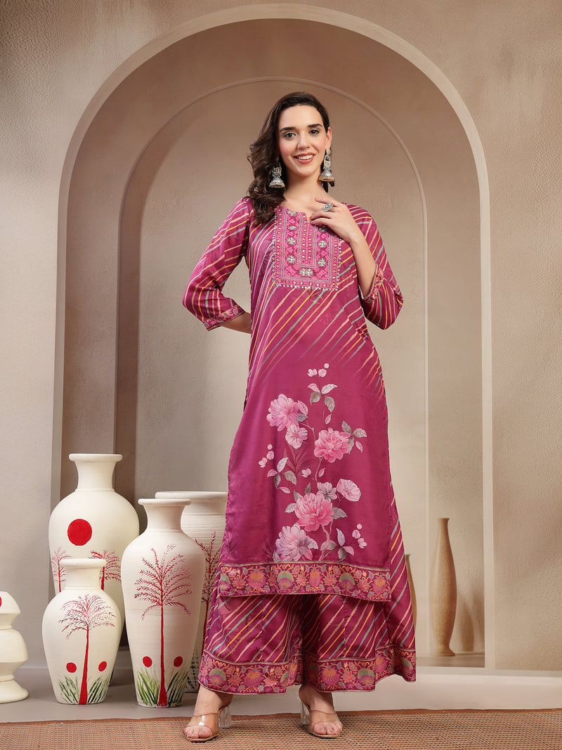 Elegant Purple Lehriya Printed Kurta Palazzo & Dupatta Set