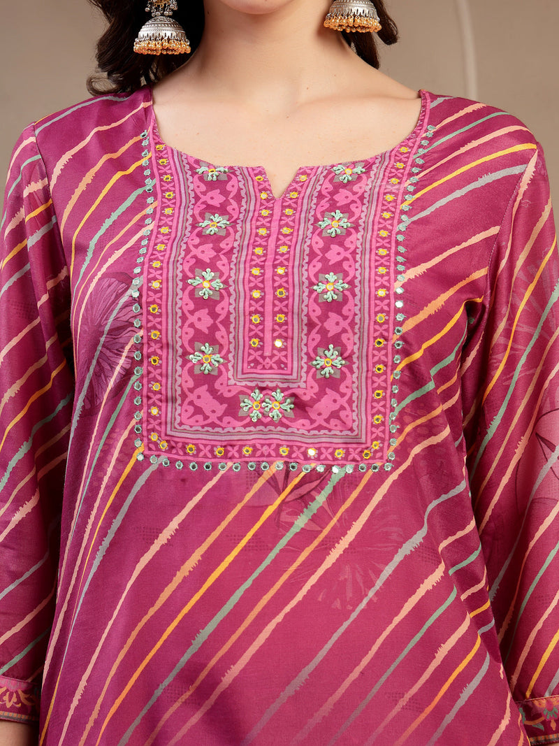 Elegant Purple Lehriya Printed Kurta Palazzo & Dupatta Set