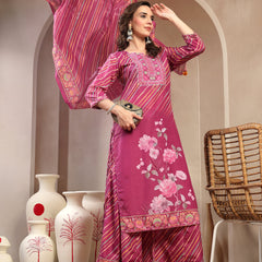Elegant Purple Lehriya Printed Kurta Palazzo & Dupatta Set