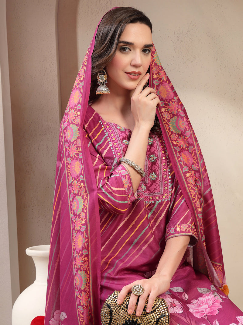 Elegant Purple Lehriya Printed Kurta Palazzo & Dupatta Set