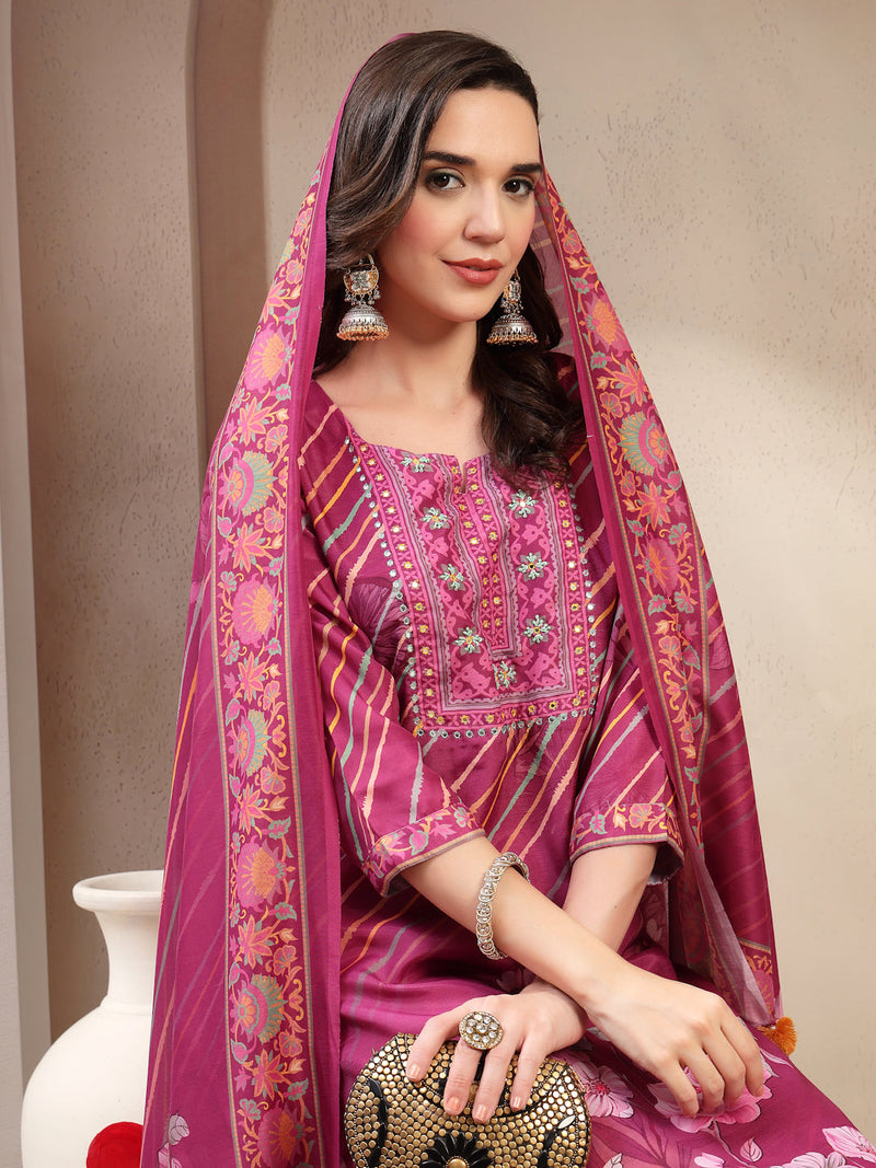 Elegant Purple Lehriya Printed Kurta Palazzo & Dupatta Set