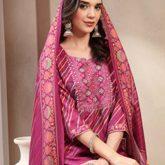 Elegant Purple Lehriya Printed Kurta Palazzo & Dupatta Set