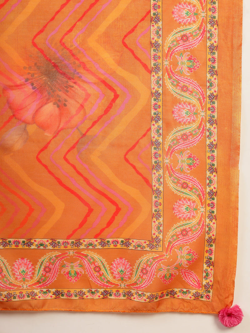 Women's Orange Embroidered Lehriya Kurta, Palazzo & Dupatta Set