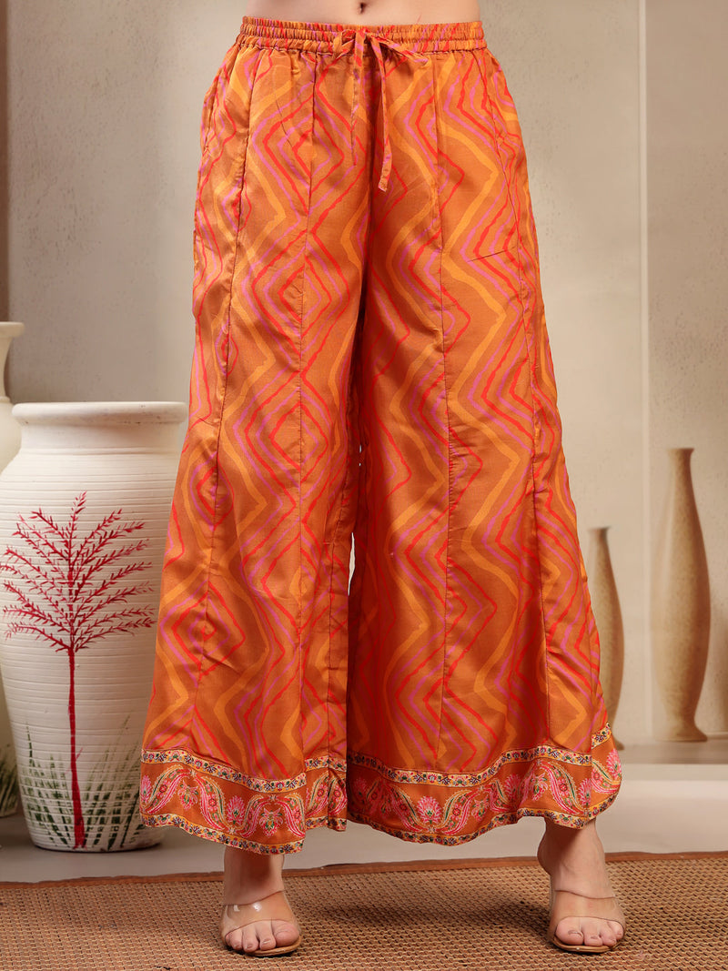Women's Orange Embroidered Lehriya Kurta, Palazzo & Dupatta Set