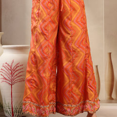 Women's Orange Embroidered Lehriya Kurta, Palazzo & Dupatta Set