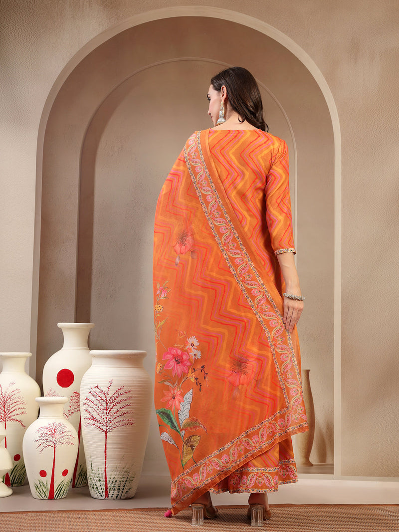Women's Orange Embroidered Lehriya Kurta, Palazzo & Dupatta Set