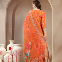 Women's Orange Embroidered Lehriya Kurta, Palazzo & Dupatta Set