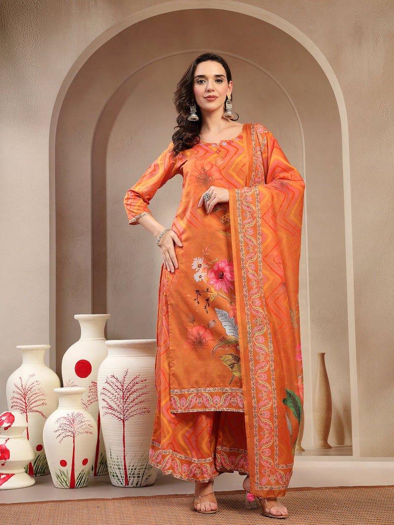 Women's Orange Embroidered Lehriya Kurta, Palazzo & Dupatta Set