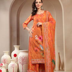 Women's Orange Embroidered Lehriya Kurta, Palazzo & Dupatta Set