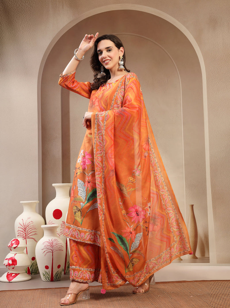 Women's Orange Embroidered Lehriya Kurta, Palazzo & Dupatta Set