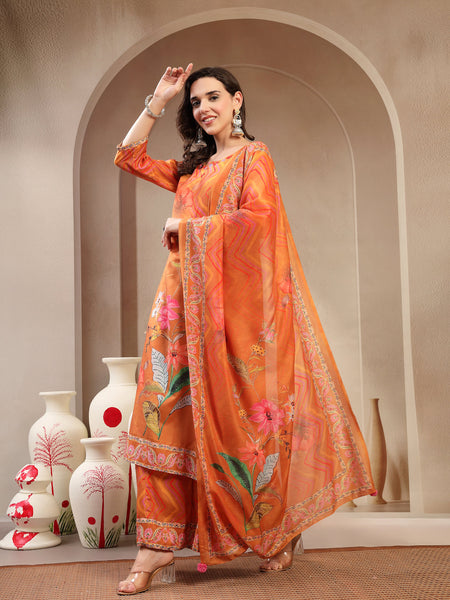 Women's Orange Embroidered Lehriya Kurta, Palazzo & Dupatta Set