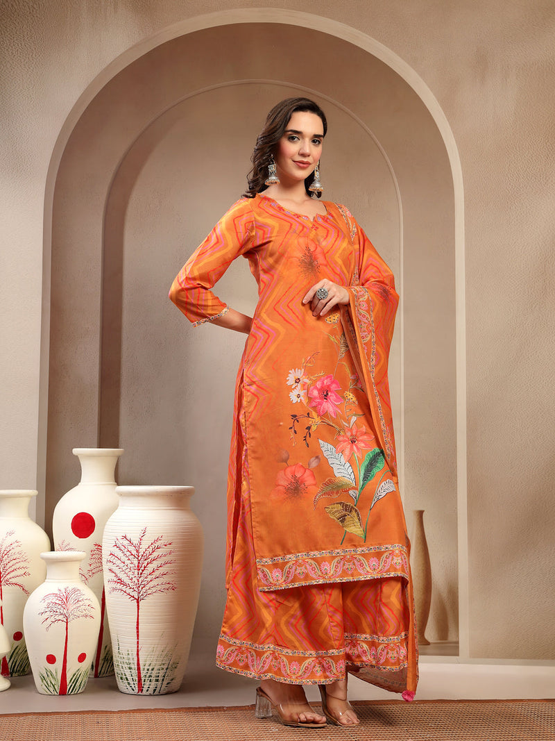 Women's Orange Embroidered Lehriya Kurta, Palazzo & Dupatta Set