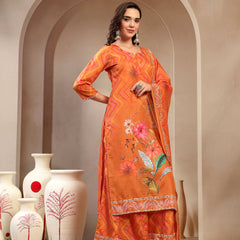 Women's Orange Embroidered Lehriya Kurta, Palazzo & Dupatta Set