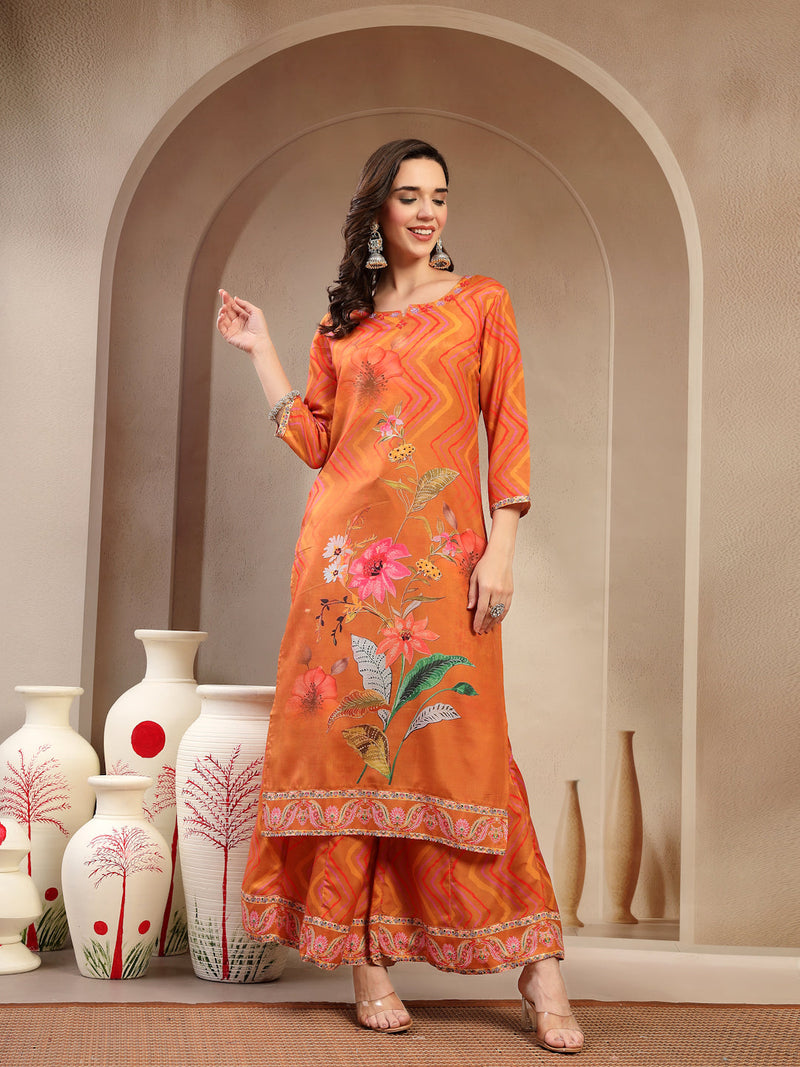 Women's Orange Embroidered Lehriya Kurta, Palazzo & Dupatta Set