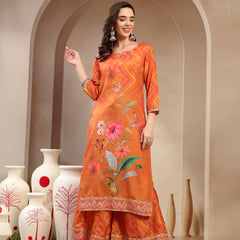 Women's Orange Embroidered Lehriya Kurta, Palazzo & Dupatta Set