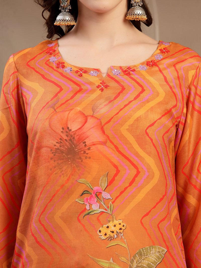 Women's Orange Embroidered Lehriya Kurta, Palazzo & Dupatta Set