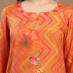 Women's Orange Embroidered Lehriya Kurta, Palazzo & Dupatta Set