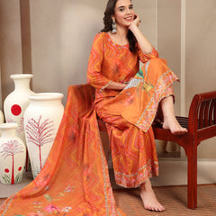 Women's Orange Embroidered Lehriya Kurta, Palazzo & Dupatta Set