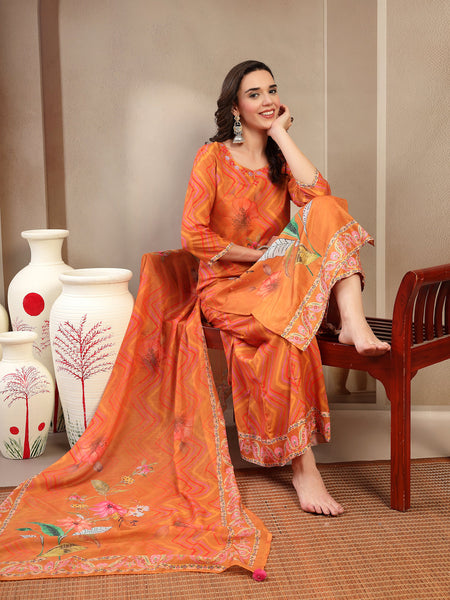 Women's Orange Embroidered Lehriya Kurta, Palazzo & Dupatta Set