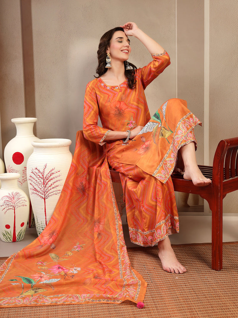 Women's Orange Embroidered Lehriya Kurta, Palazzo & Dupatta Set