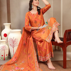 Women's Orange Embroidered Lehriya Kurta, Palazzo & Dupatta Set
