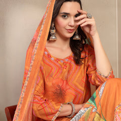 Women's Orange Embroidered Lehriya Kurta, Palazzo & Dupatta Set