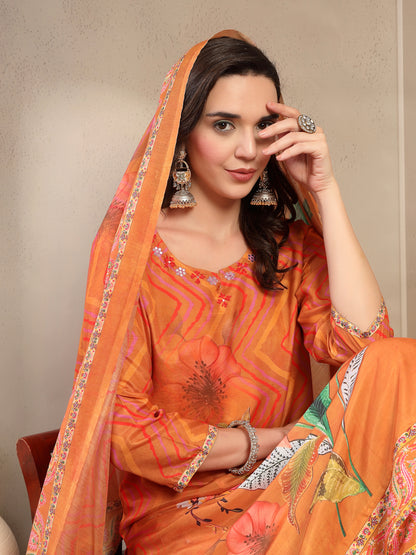 Women's Orange Embroidered Lehriya Kurta, Palazzo & Dupatta Set