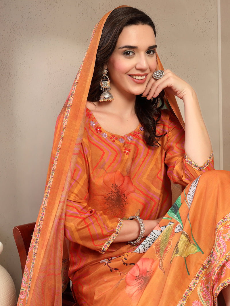 Women's Orange Embroidered Lehriya Kurta, Palazzo & Dupatta Set