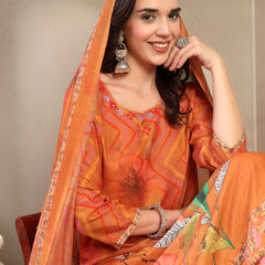 Women's Orange Embroidered Lehriya Kurta, Palazzo & Dupatta Set