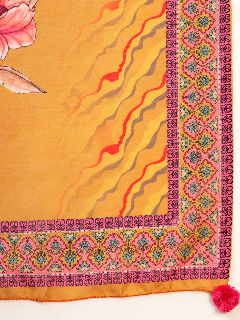 Women's Yellow Embroidered Lehriya Kurta, Palazzo & Dupatta Set