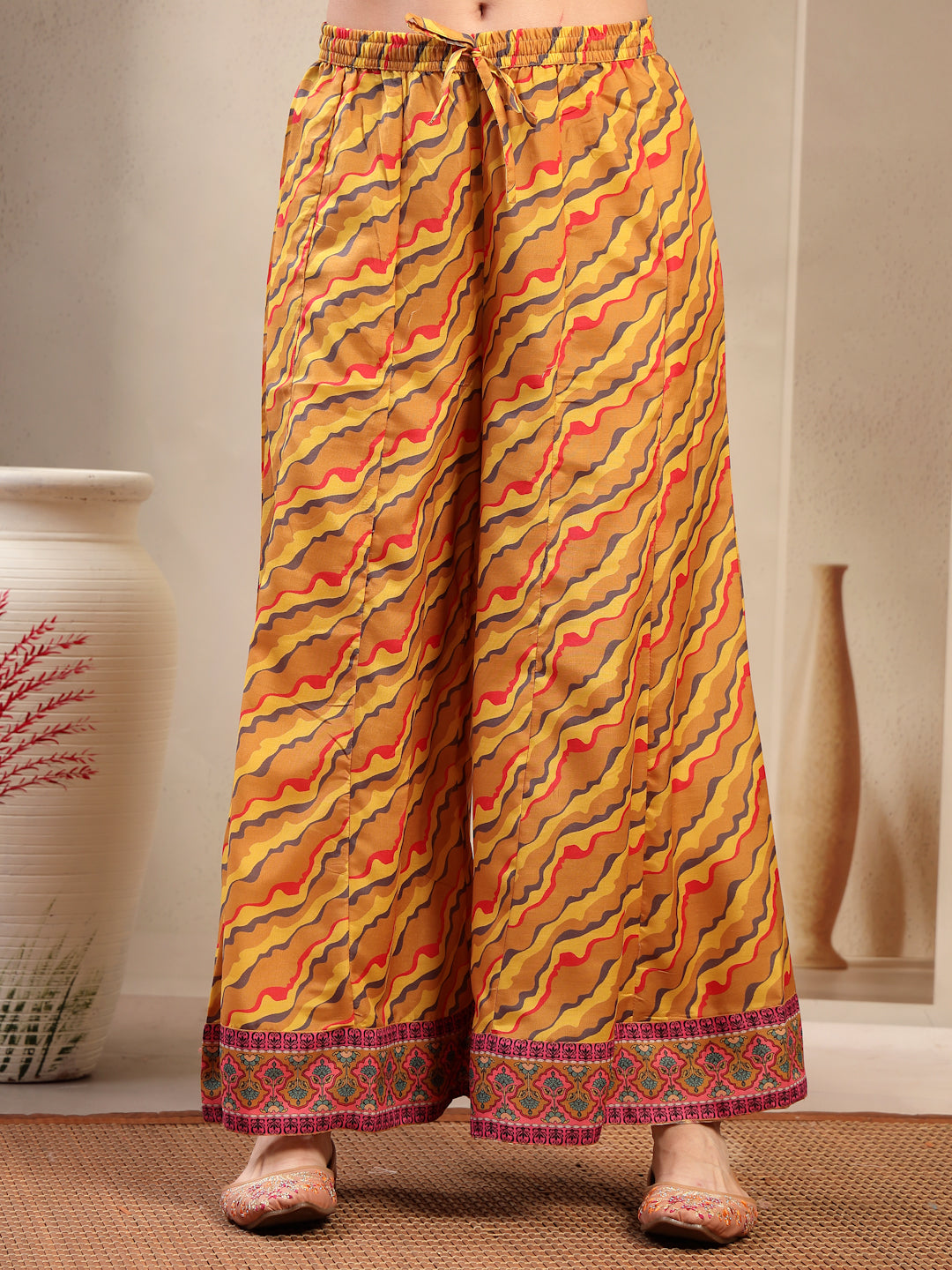 Women's Yellow Embroidered Lehriya Kurta, Palazzo & Dupatta Set