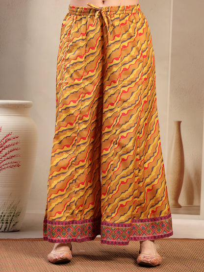 Women's Yellow Embroidered Lehriya Kurta, Palazzo & Dupatta Set