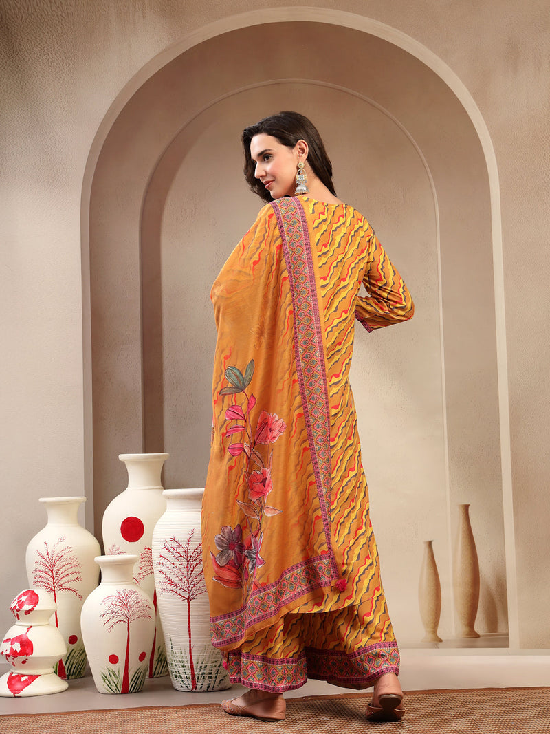 Women's Yellow Embroidered Lehriya Kurta, Palazzo & Dupatta Set