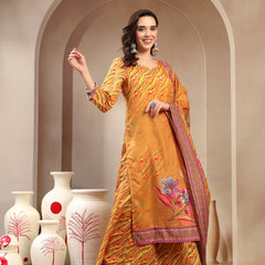 Women's Yellow Embroidered Lehriya Kurta, Palazzo & Dupatta Set