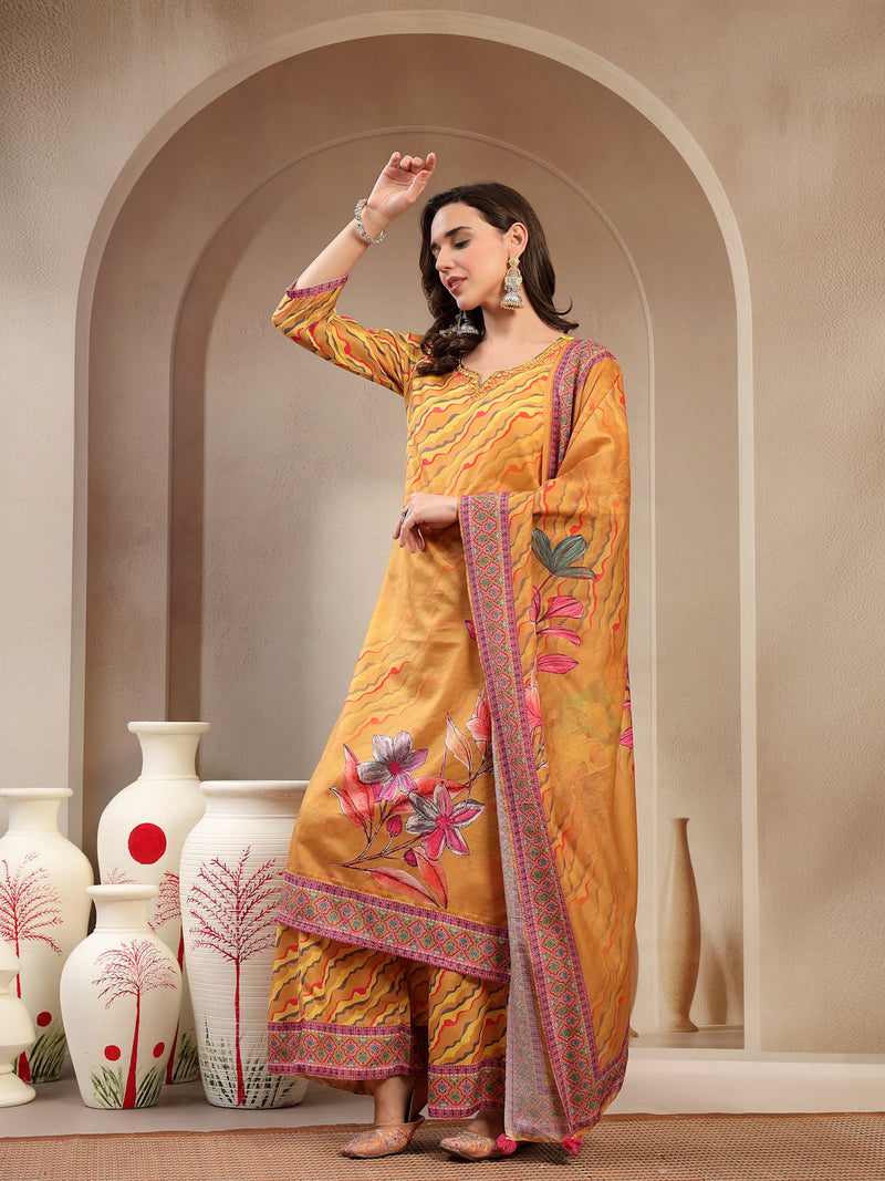Women's Yellow Embroidered Lehriya Kurta, Palazzo & Dupatta Set