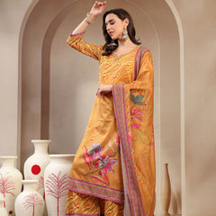 Women's Yellow Embroidered Lehriya Kurta, Palazzo & Dupatta Set