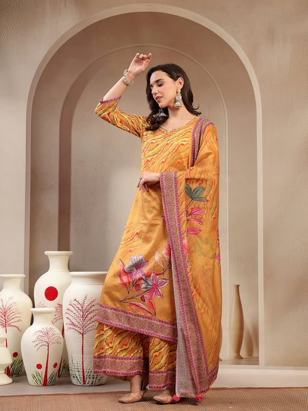 Women's Yellow Embroidered Lehriya Kurta, Palazzo & Dupatta Set