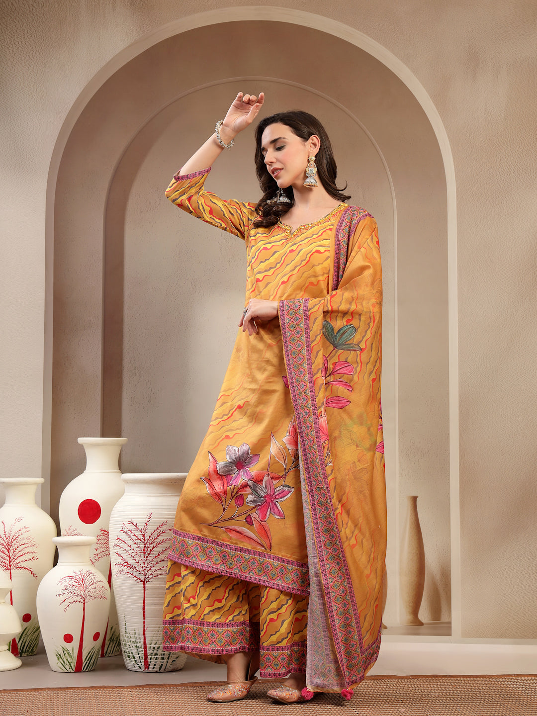 Women's Yellow Embroidered Lehriya Kurta, Palazzo & Dupatta Set