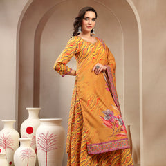 Women's Yellow Embroidered Lehriya Kurta, Palazzo & Dupatta Set