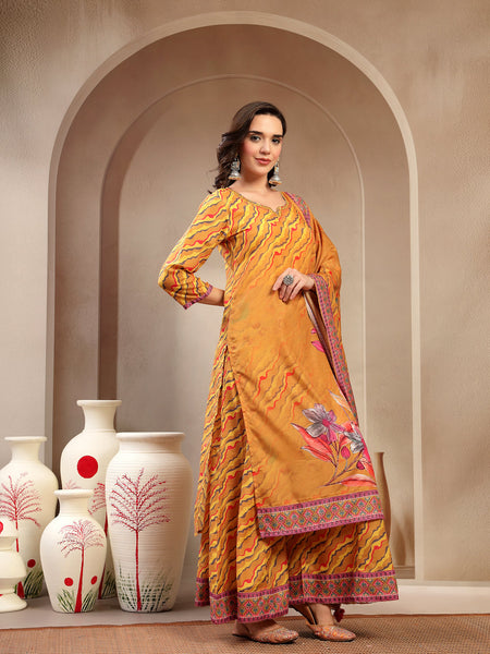 Women's Yellow Embroidered Lehriya Kurta, Palazzo & Dupatta Set